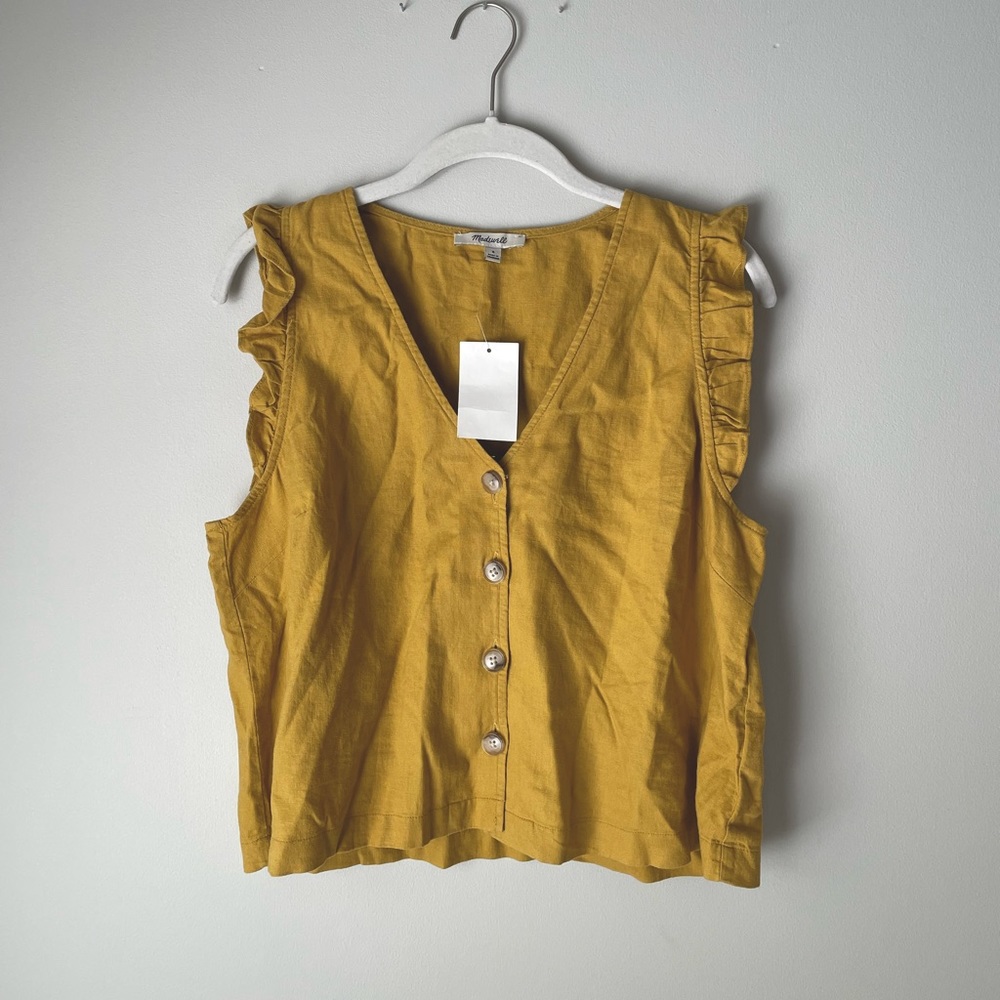 NWT Madewell Linen Buttoned Crop Blouse in Earthen Gold | Size 8